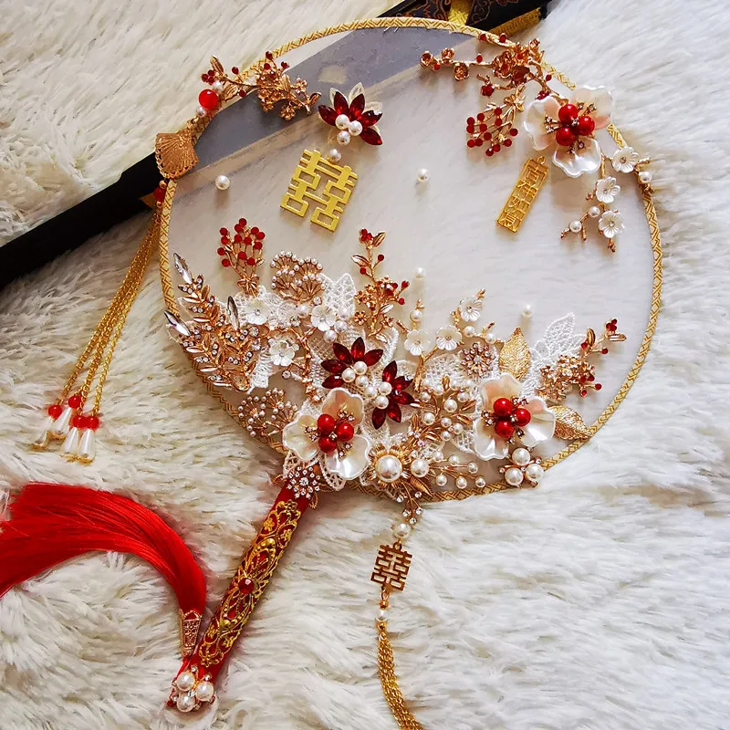 

Women's Traditional Wedding Fan Acrylic Drilling Handheld Decorative Flower Design Chinese Bride Gift Ancient Hand Fan