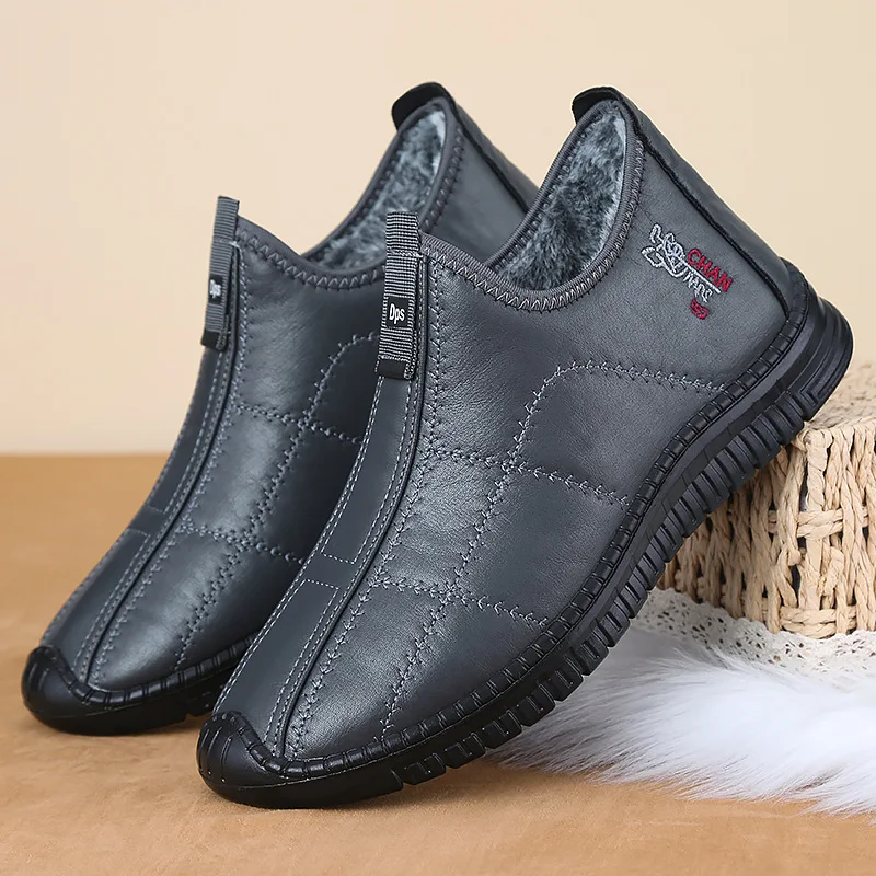 Men Winter Slip‑on Fleece‑Lined Shoes PU Synthetic Upper Non‑Slip Rubber Sole Plush Warm Casual Elderly Walking Snow Sneakers