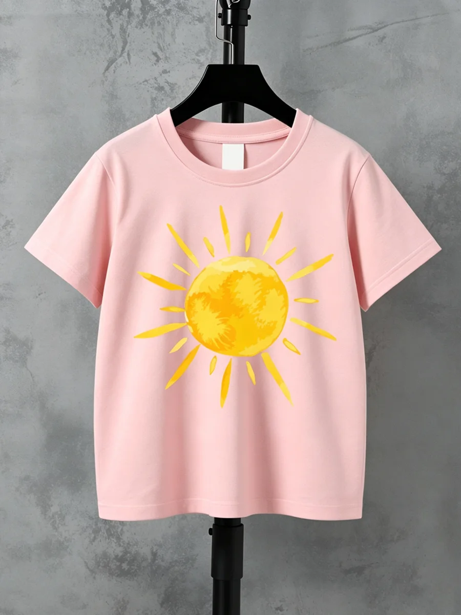 Sunny Yellow Sky Cartoon Print T Shirt for Kids Round Neck Short Sleeve Casual Parent Child Matching Summer Top