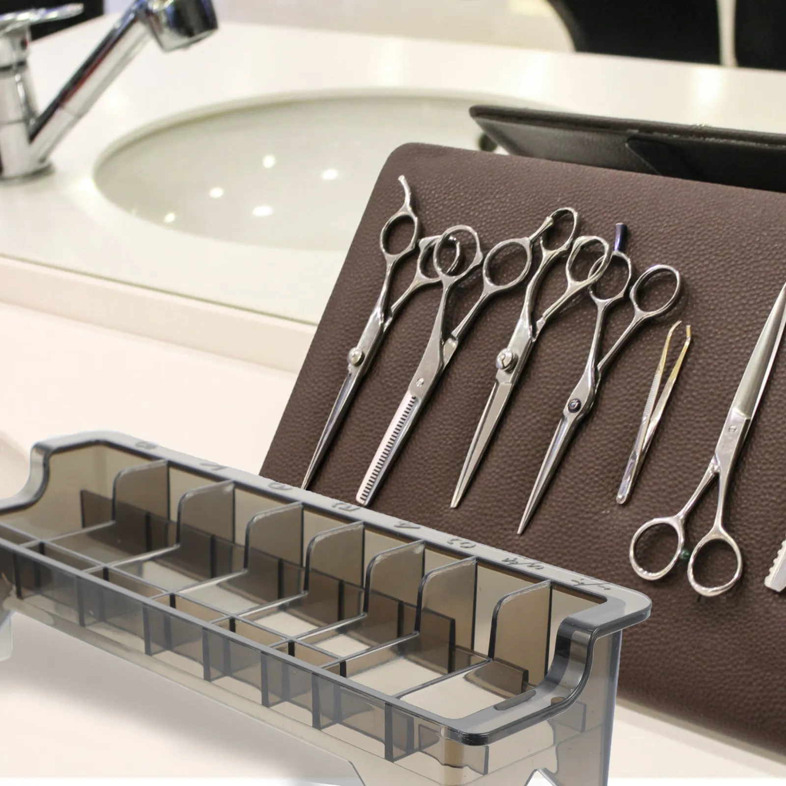 

1Pcs Transparent Hairdressing Comb Storage Box with 9 Calipers Holds 10 Combs Sturdy Desk Organizer for Barber Shop Hair Tool
