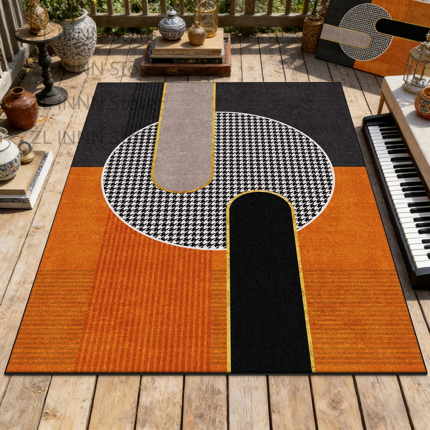Orange Geometric Outdoor Deck Carpet Patio Decor Non-slip Fluffy Rug Home Living Room Dining Room Big Size Foot Mat Washable