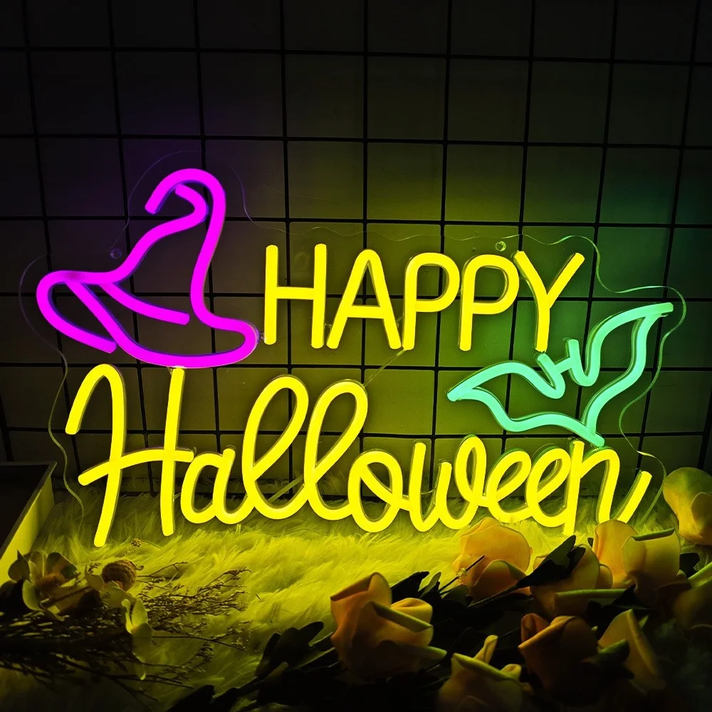Halloween Neon Lights, Pumpkin Head Bat Ghost Shaped Lights, Shopping Mall Window Displays, Store Festive Decorative Lights