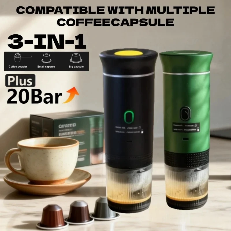 DENOKIN Macchina da Caffè Espresso Elettrica Portatile Senza Fili per Auto e Casa, Macchina da Caffè da Campeggio 3-in-1 per Capsule e Polvere, Macchi