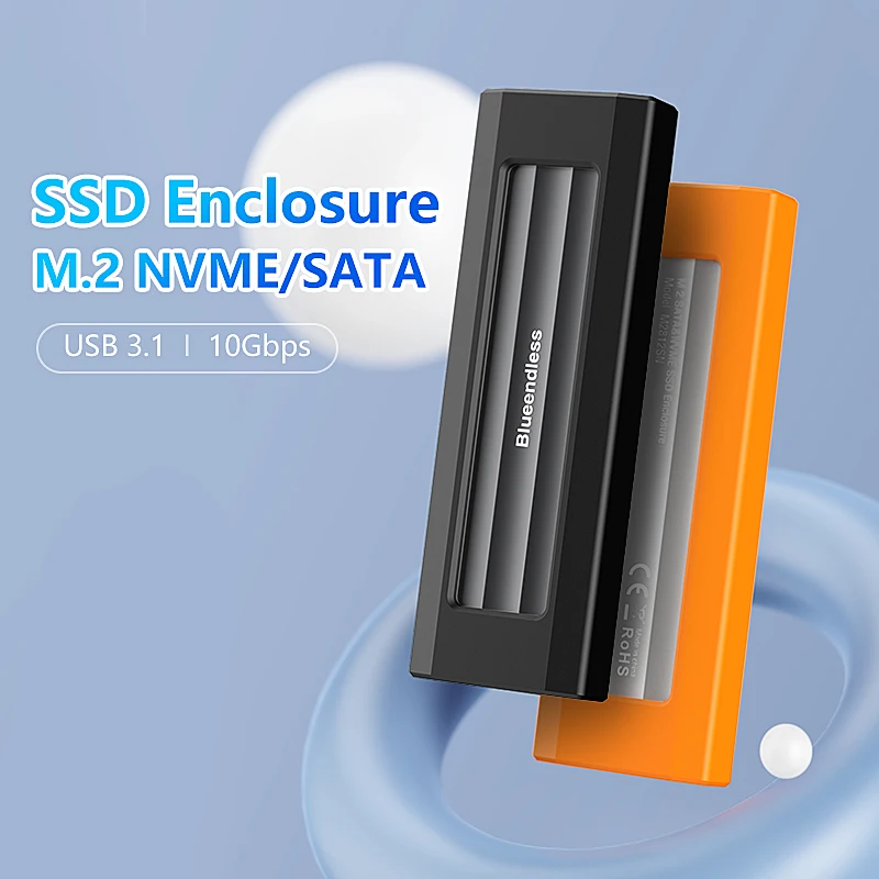 Blueendless M.2 NVMe SATA SSD Enclosure Tool-Free Aluminum ssd External case 10Gbps M.2 NVMe to USB for PCIe NVMe and SATA SSD