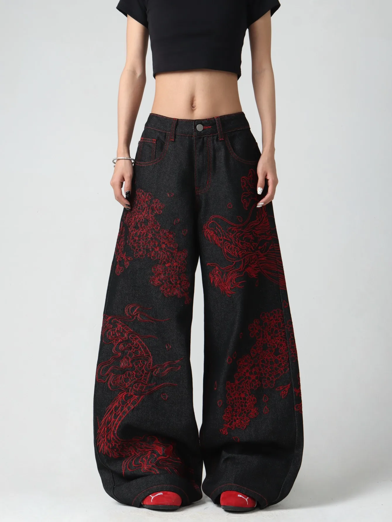 1 Pc American Vintage Red Dragon Embroidered Jeans, Women's Black Flowy Straight-Leg Wide Pants