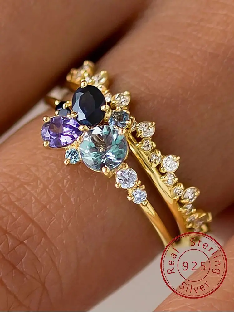 925 Sterling Silber Wunderschönes buntes Geometrie-Zirkon-Ring-Set für Frauen, Hochzeit, Party, Luxus, Mode, hochwertiger edler Schmuck