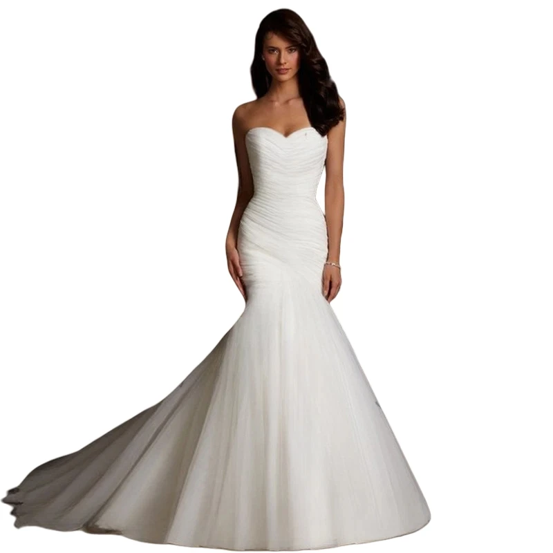 Elegant Pleats Mermaid Wedding Dress Sleeveless Lace-up Strapless Long Bridal Gowns Ivory Vestidos De Novia Customized