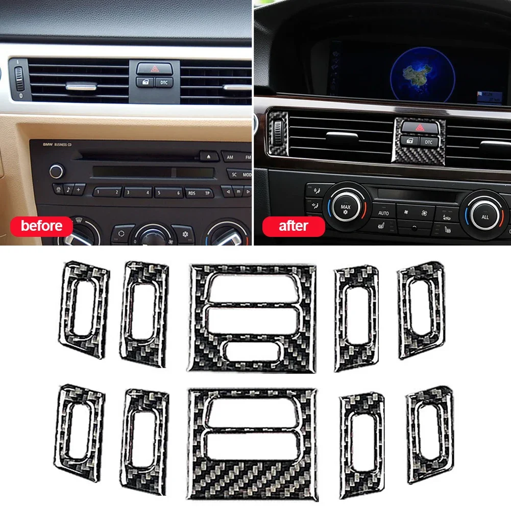 Etiqueta Interior do carro para BMW, Auto Fibra De Carbono, Acessório Interior, Central Air Vent, Tomada Guarnições, E90, E92, E93, 5pcs