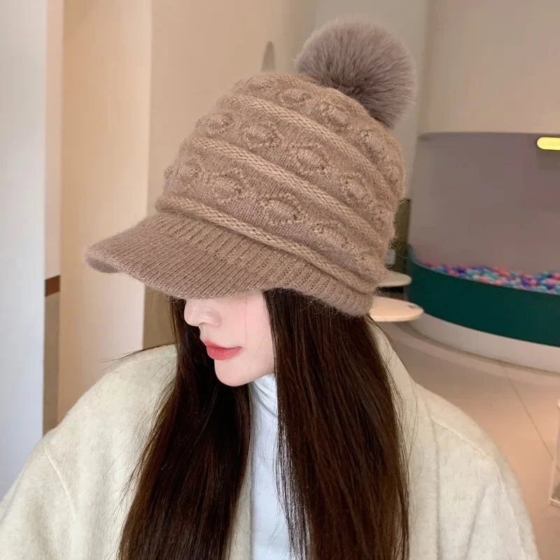 Gorra de béisbol cálida y bonita para mujer, gorro de compras informal a la moda con gorro de lana tejido frío y cálido, gorro de algodón para estudiantes