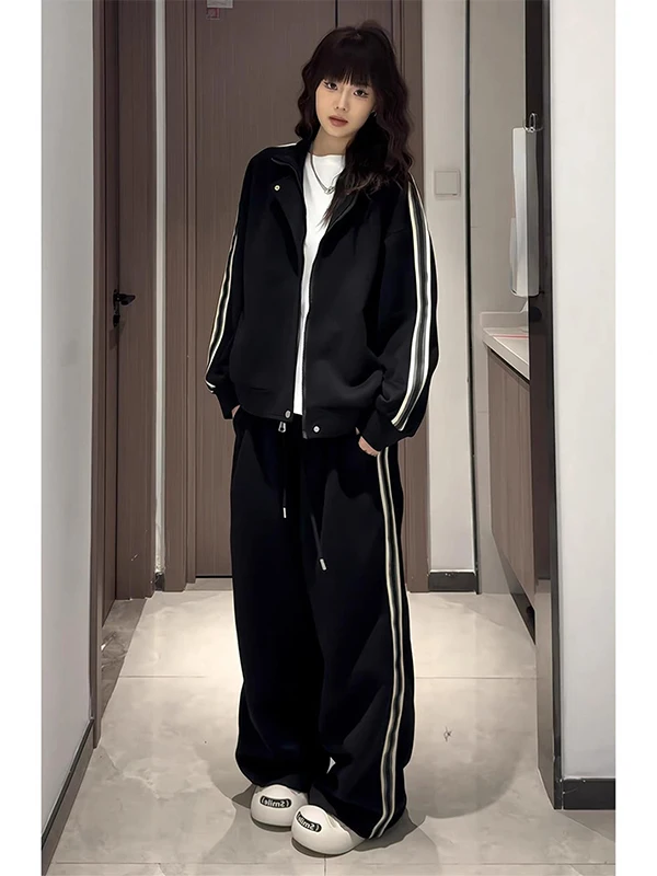

Cool Men's Bla Striped Sweatirt Set Spring Casual Sportswear Two-Piece Suit Long Sve Crew Ne Pants for Teenagers
