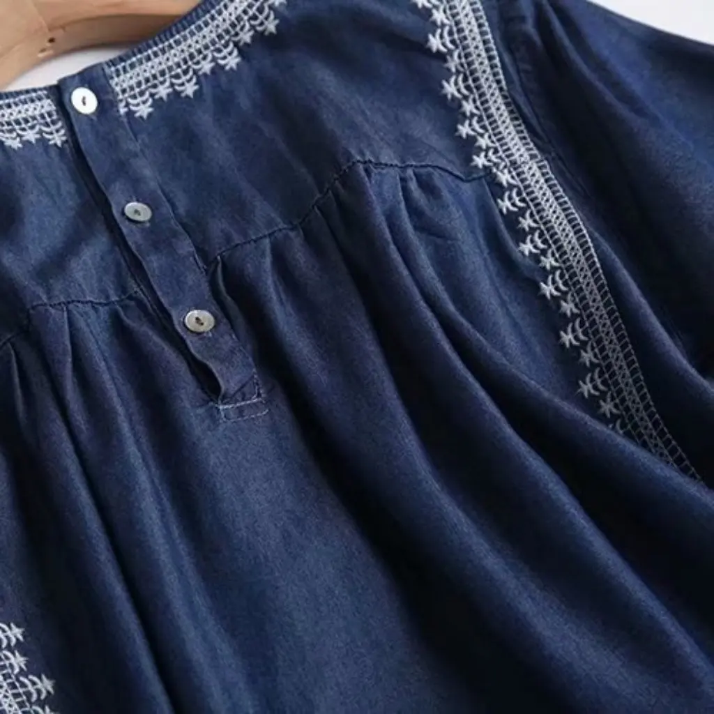 Koreańska haftowana sukienka damska 97AP-828 Vintage z okrągłym dekoltem, krótkim rękawem, letnia, nowy styl, spódnica dżinsowa, sprzedaż hurtowa