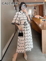 GALCAUR Print Lace Long Dress For Women Lapel Short Sleeve High Waist Colorblock Patchwork Lace Up A Line Dresses Female Summer