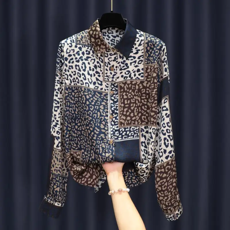 

Retro Leopard Print irt Women's Spring Autumn New American Design Loose Outerwear Trendy Turn-down Collar Casual Top