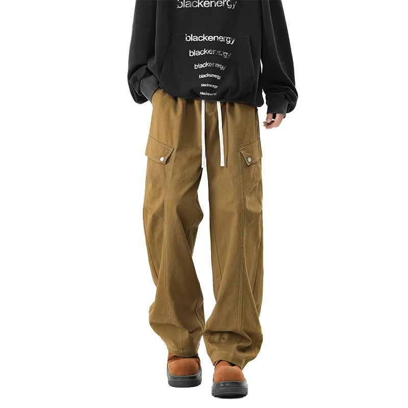 Celana Panjang Pria Model Terbaru Musim Semi Gugur 2025, Warna Solid Kasual Trendi Katun Lurus Lebar Multi Saku Longgar