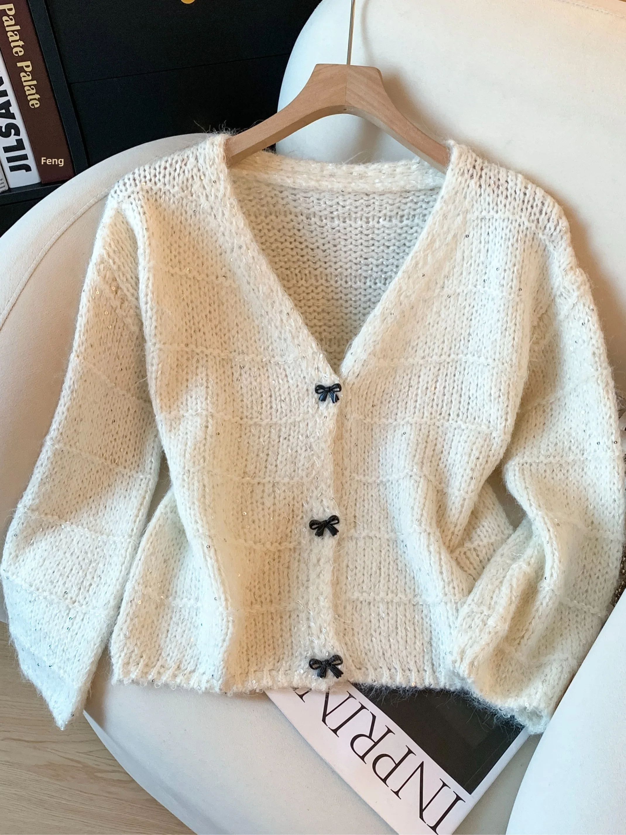 Ele Sequin V-Ne Open Cardigan Women's Early Autumn Aosphere Korean Sle Knitted Outerwear Slim Fit Long Sve