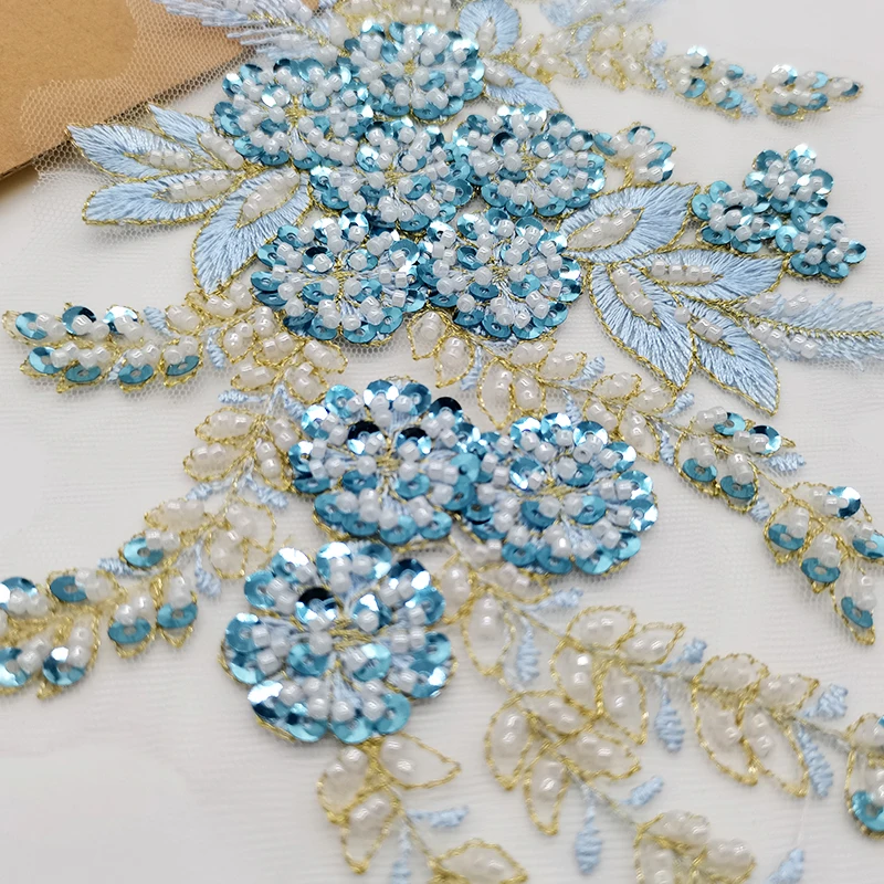 1Pc Beaded Flower Embroidery Fabric Patches Crystal Applique Scrapbooking Motif Badges for Clothes Sewing 36*18CM