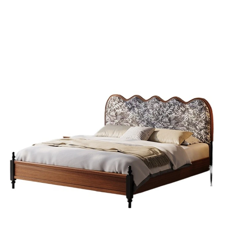 

French Song style aesthetics retro solid wood high-end sense master bedroom 1.8M double bed vintage leather upholstery bed