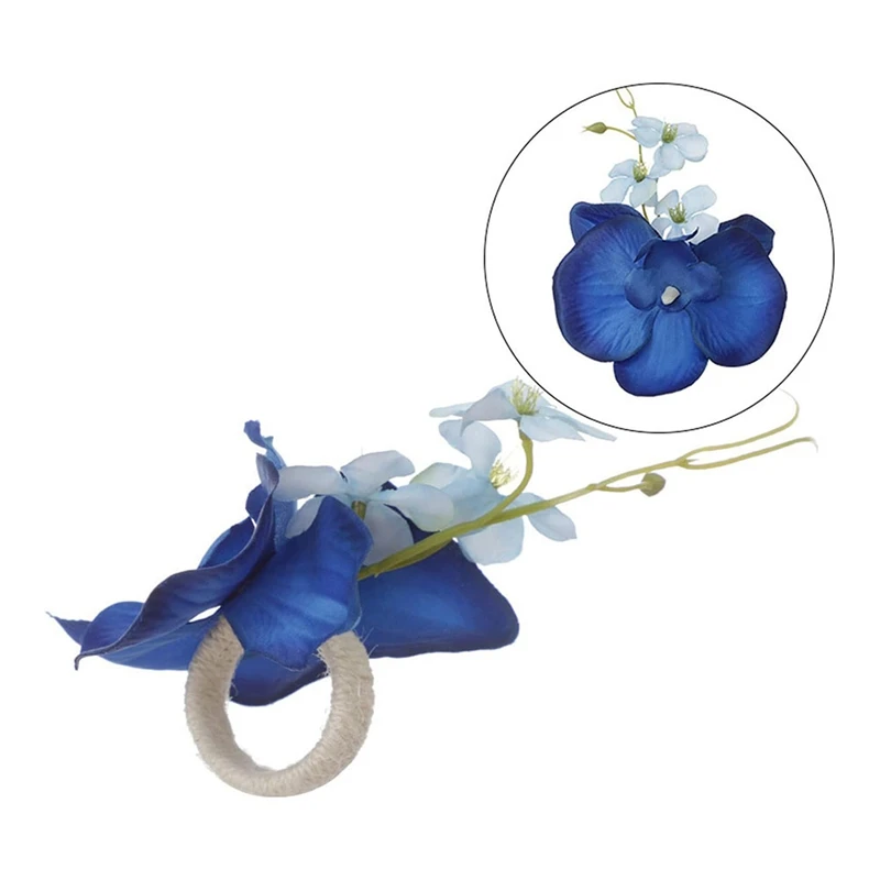 6PCS Handmade Orchid Flower Napkin Rings Blue Flower Holders Handcraft Serviette Buckles Rings For Wedding Table Decor