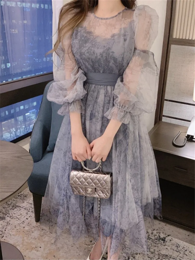 

Lace Summer Chic Clothing Runway Vintage Mesh Embroidery Sexy Boho Dress Elegant 2022 Party Dresses For Women Chiffon A-Line