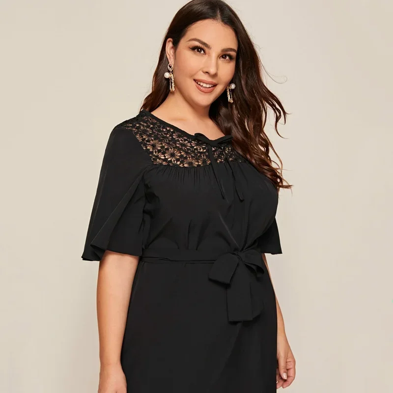 Plus Size Tie Front Elegant Summer Dress Women Ruffle Sleeve Sashes Midi Dress Lace Patchwork Loose Casual Dress Large Size 6XL