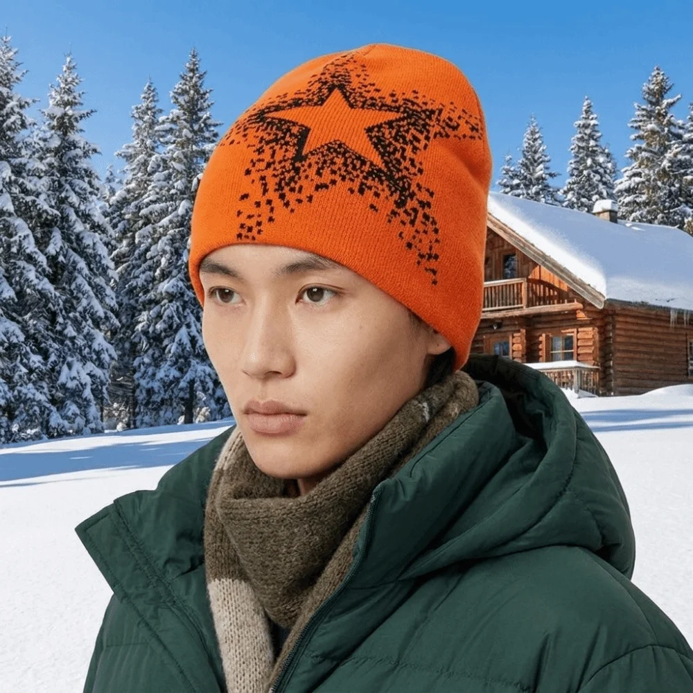 Personality Jacquard Star Knitted Hat Pentagram Warm Pullover Cap Cold Cap Cashmere Y2k Beanie Hat Streetwear