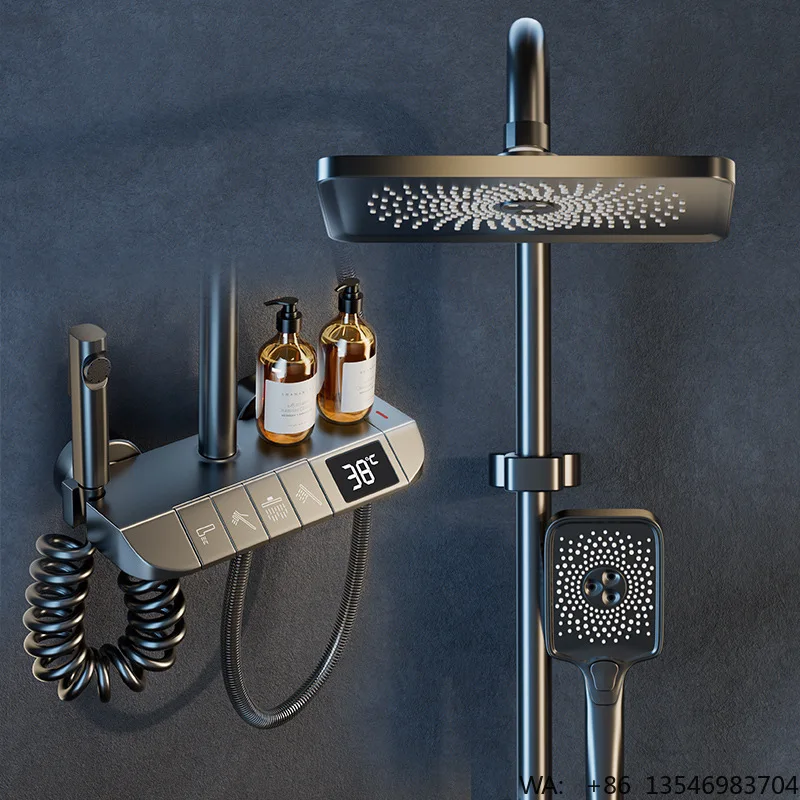 FLG Panel Digital Display Shower Set Ambient System Key Shower Head Four-gear Button Glass Brass Square Industrial Modern