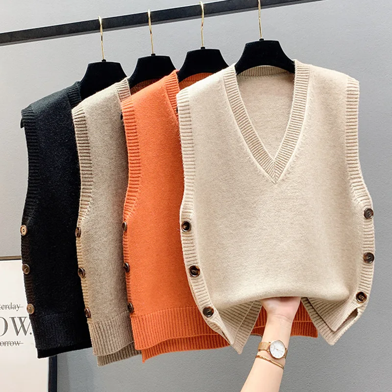 Autumn Winter Solid Color V-neck Knit Vest Women Loose Lazy Style Sleeveless Tank Top Student Waistcoat Clothing Accessories
