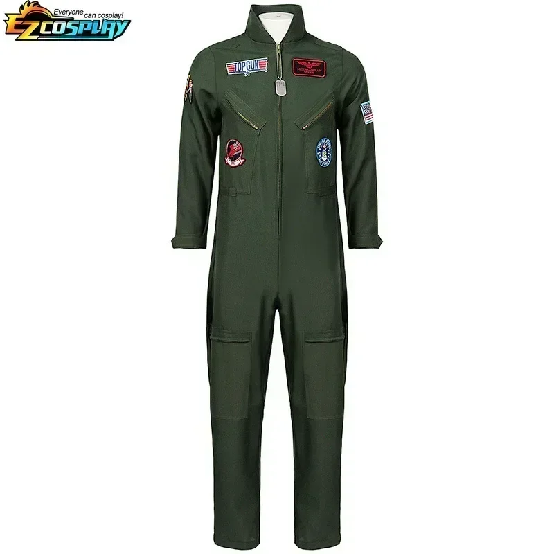 Adult Kids Pilot Costume Top Gun Flight Suit Roleplay with Aviator Accessories Men Army Green Pilot Jumpsuit