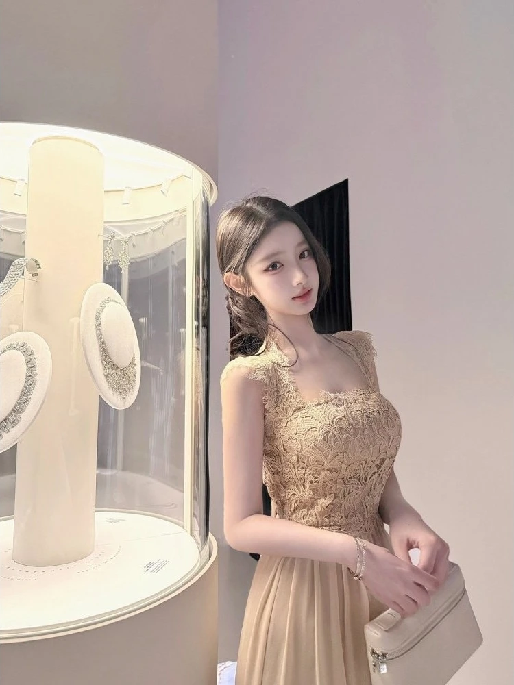 

Женское платье Ele Lace Svel Dr, весна 2026, с квадратным вырезом, перекрестной завязкой, длинное, модное, А-силуэт, приталенное