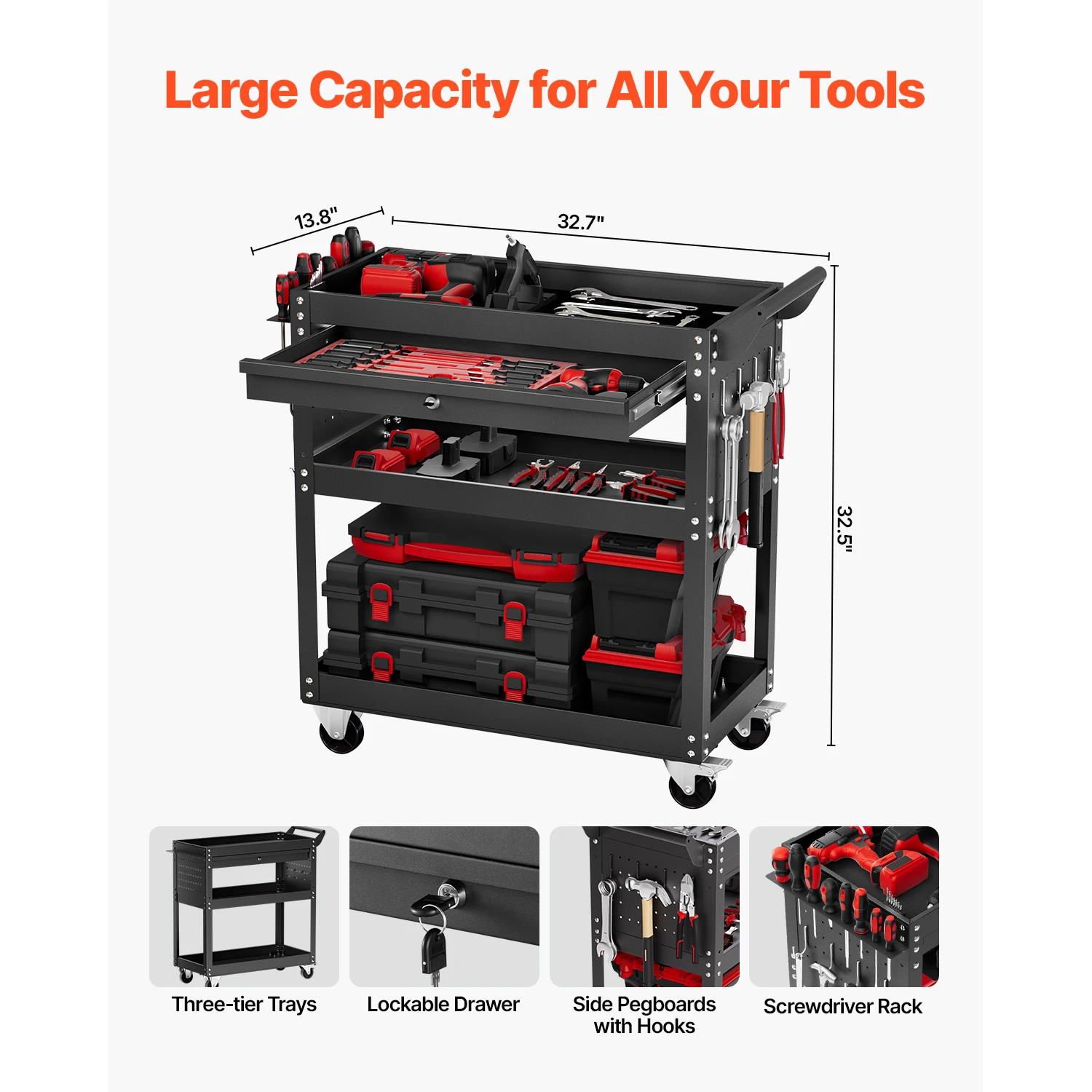 4-Tier Rolling Tool Cart on Wheels Mechanic Cart with Drawer & Pegboard Tool Storage Organizerfor Garage Repair Shop