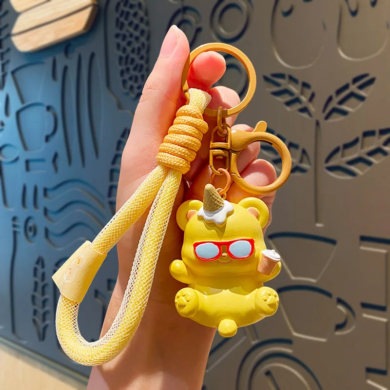 Cute Ice Cream Play Guitar Cream Bear Resin Keychain Pendant Cartoon Drinking Coffee Reading Butter Bear Doll Key Chain Bag Gift