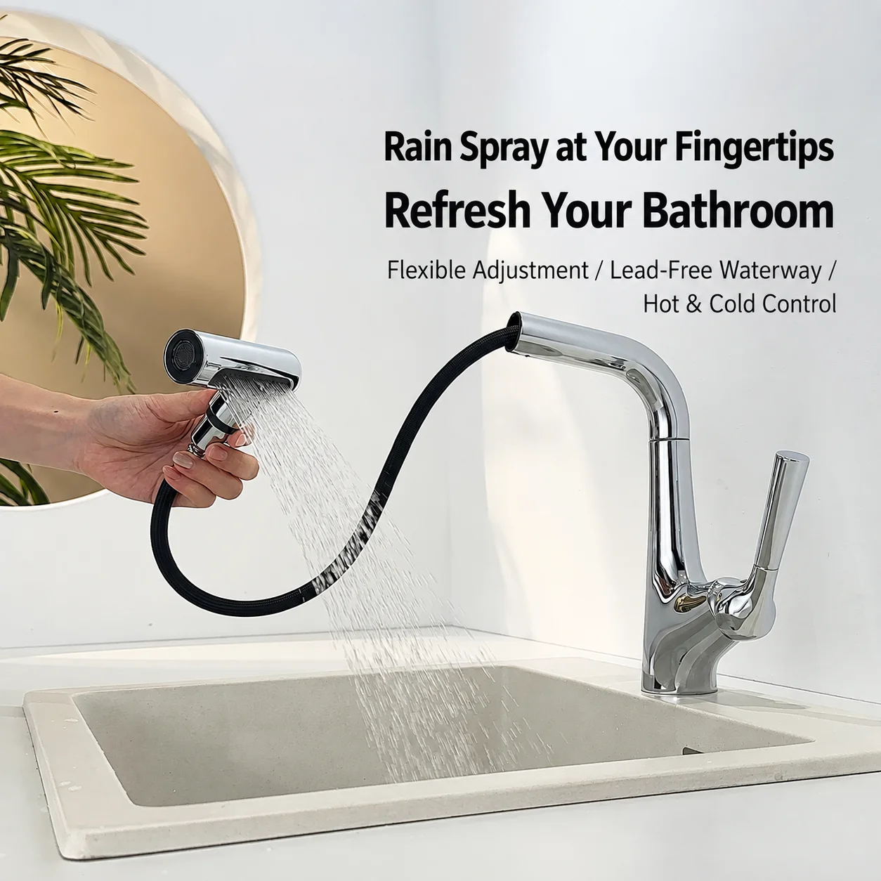 Pull Out Bathroom Sink Faucet Height Adjustable 360° Swivel Hot Cold Brass Basin Mixer Tap Waterfall Sprayer