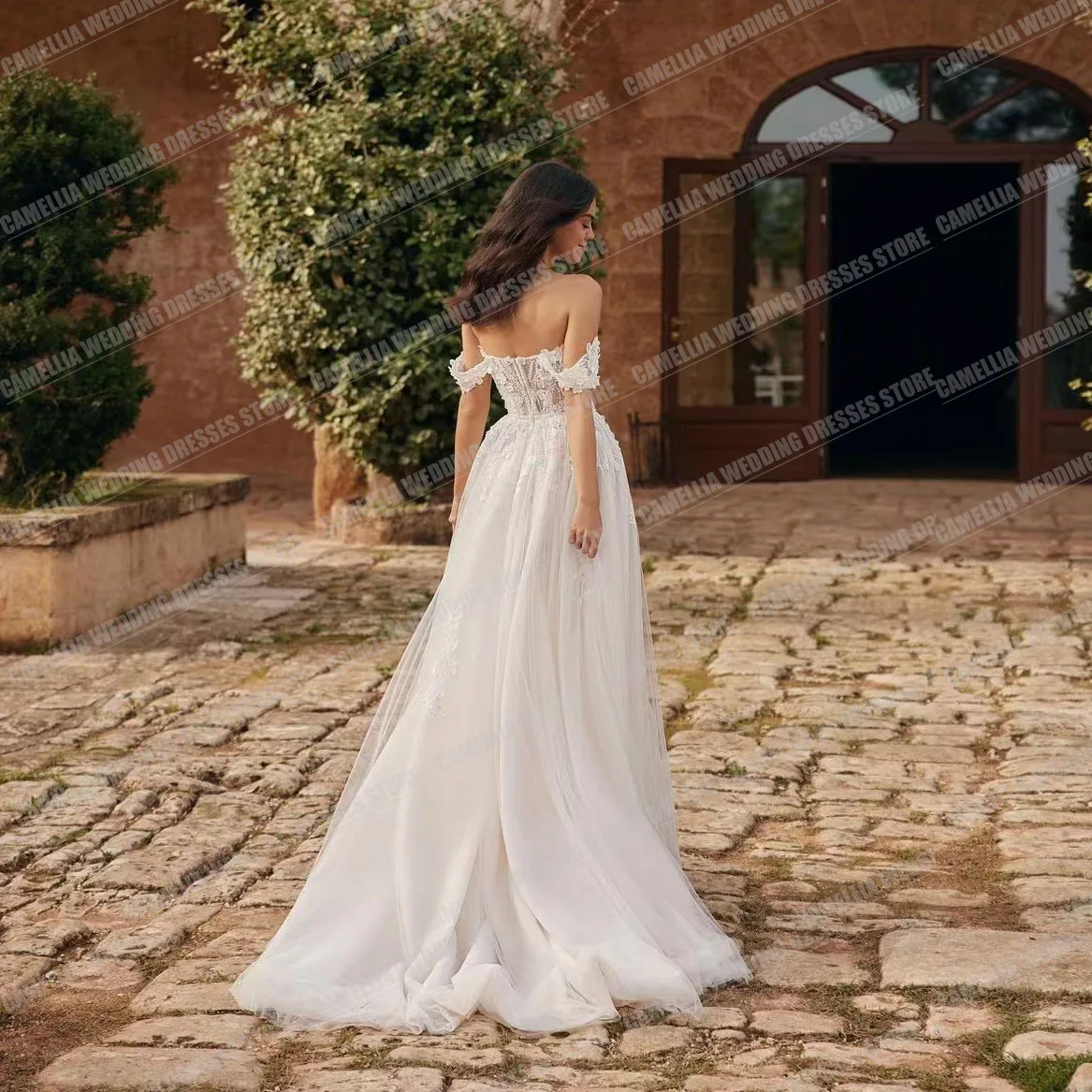 Robes de mariée A-ligne élégantes Boho pour femmes, appliques sexy hors de l'initiative, robe dos nu en tulle, mariée de princesse formelle, tout ce qui est éducatif