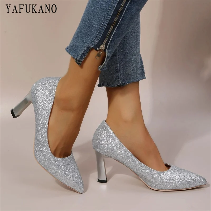 Glitter Point Toe Court Pumps Gold Silver Party Wedding Shoes Women High Heels Fashion Small Thick Heel Comfort Bridal Shoes 33