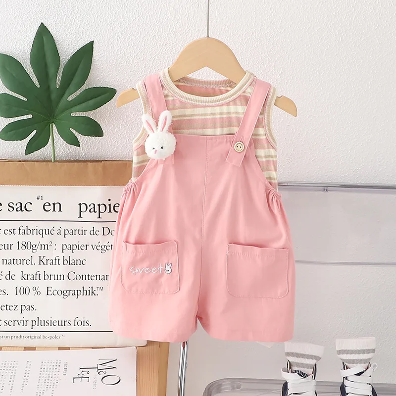 

Girls Summer Color Strip Strap Set Sleeveless Baby Children Clothing Korean Version Girl Baby Summer Clothes Two Piece Set