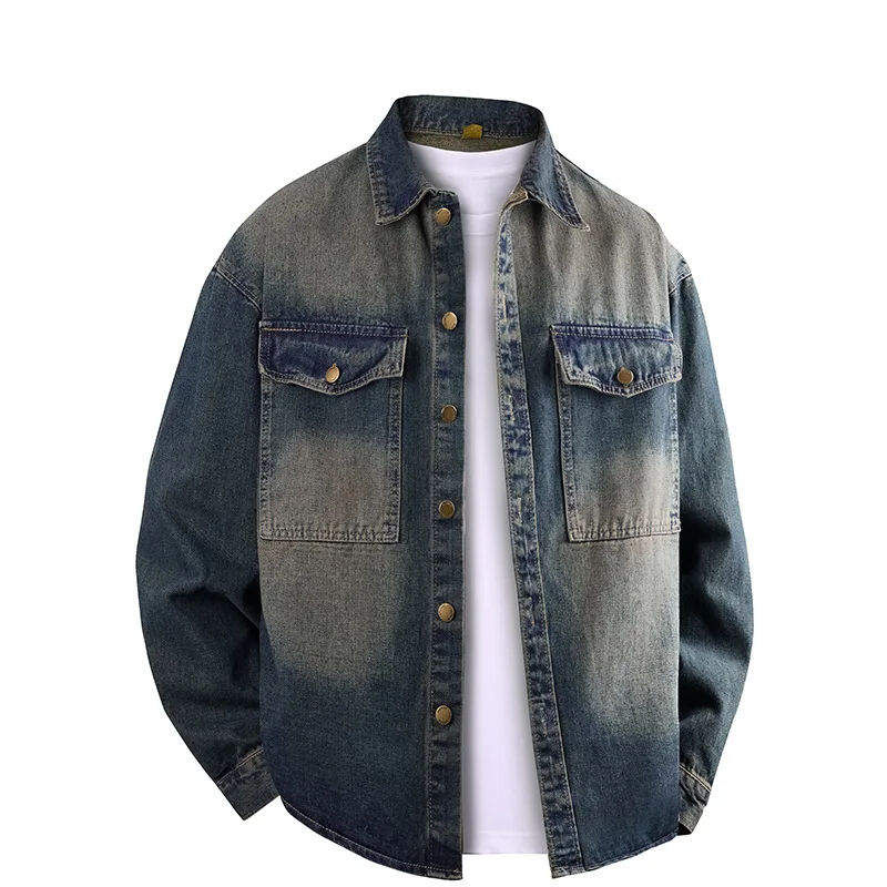 2025 Autumn Men Denim Coat Vintage Contrast Color Single-breasted Jacket Thin Turn Down Collar Long Sleeves Male Outerwear