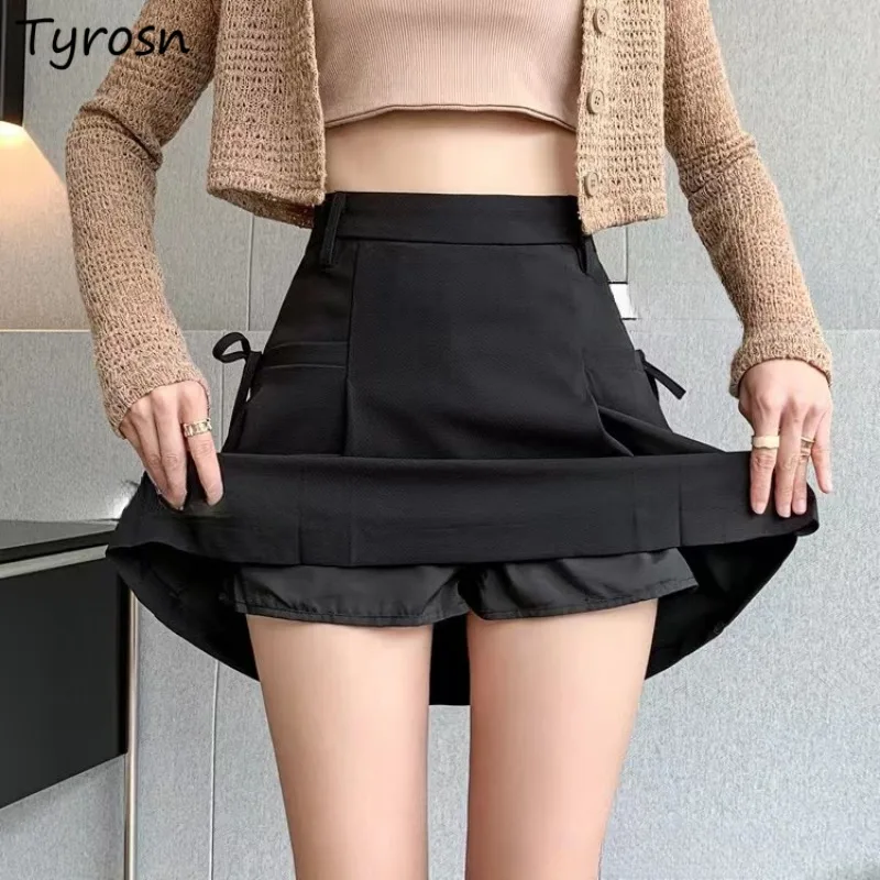 

Pleated Mini Skirts Women Bow Lace-up Solid Color Irregular Spring Fall Students High Waist Skirt All-match Pockets Patchwork