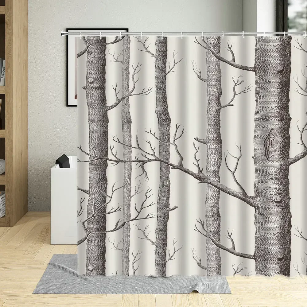 Shower Curtain Simple Black White Forest Birches Tree Branch Art Design Hand Drawn Bathroom Curtains Waterproof Screens Decor