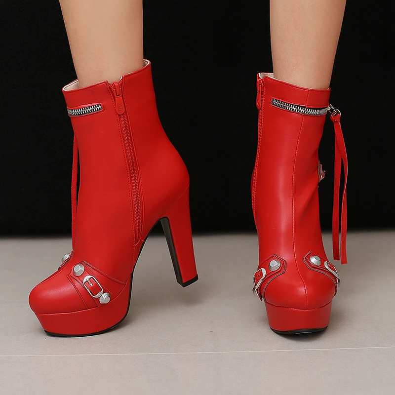 

Metal Button Decoration Luxury Goth Boots Thick High Heels Navy Blue Yellow Platform Women Winter Warm Shoes with Fringes Zipper