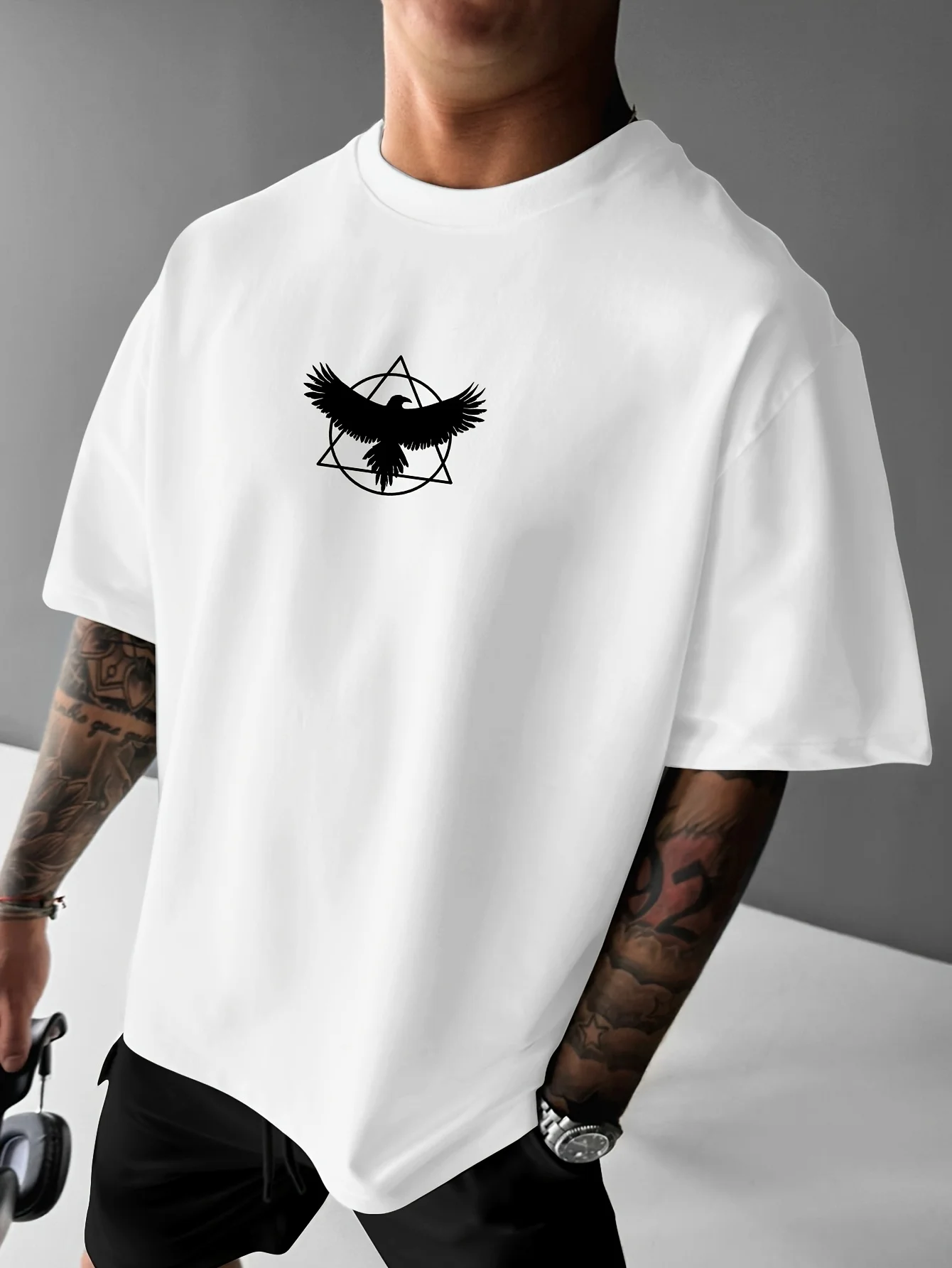 Men's Summer 100% Pure Cotton Fashionable Casual Loose Crow Totem Print Sports Round Neck Short Sleeved T-Shirt Top