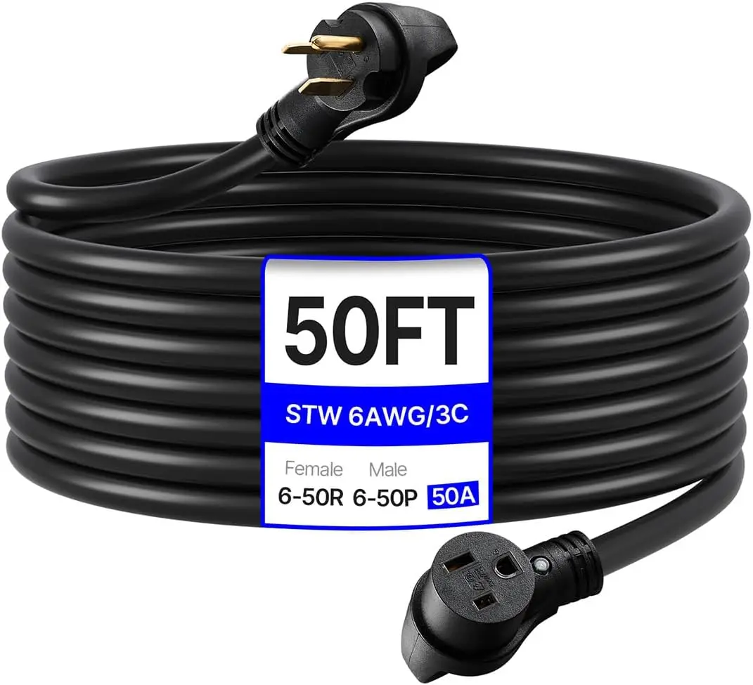 50 Amp Generator Extension Cord 50 Feet, 250V 12500W Heavy Duty Power Cable, NEMA 6-50P to 6-50R SWT 6 AWG Welder Extension Cord
