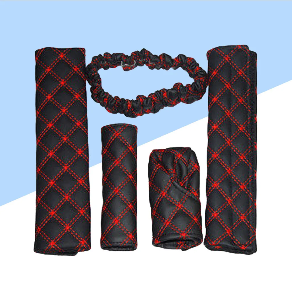 

5 in 1 Handbrake Safety Belt Shoulder Pads Gear Cover Rearview Mirror Cover Set Red Black Microfiber Soft Comfy Car Interior