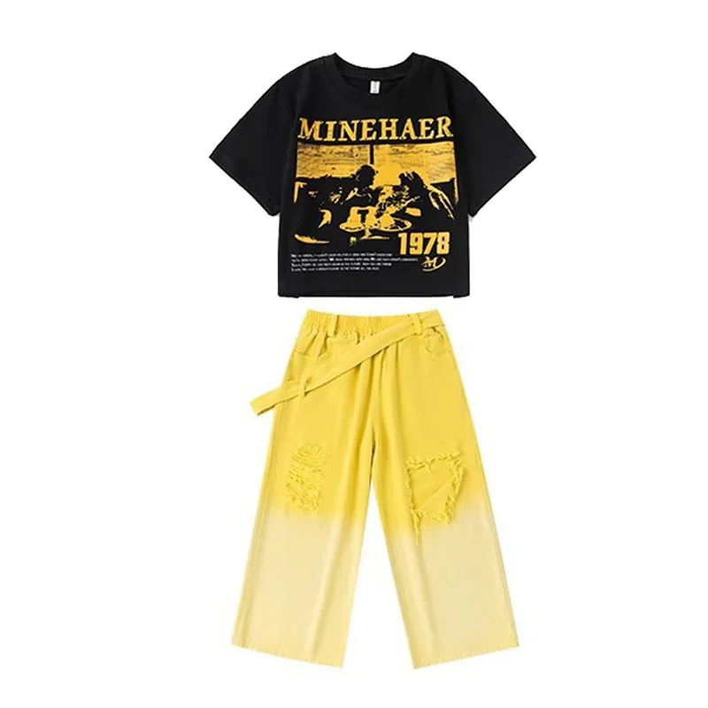 เด็ก Hip Hop เสื้อผ้าสีดําพิมพ์ Crop T เสื้อด้านบนสีเหลือง DENIM Ripped กางเกงยีนส์กางเกงสําหรับ Girl Boy JAZZ Dance เสื้อผ้าเครื่องแต่งกาย