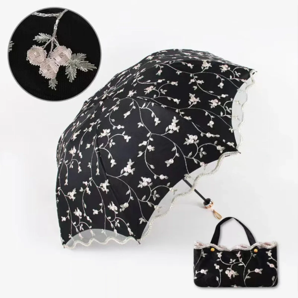 Embroidered lace double layer umbrella UV protection rain and snow folding umbrella Small and Portable Princess Wind and Rain