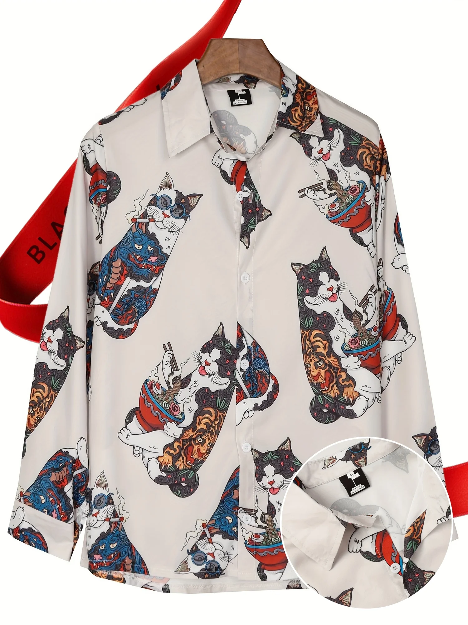 Men Long‑Sleeve Button‑Down Shirt Beige Cartoon Cat Full Print Polyester Lapel Collar Casual Vacation Top