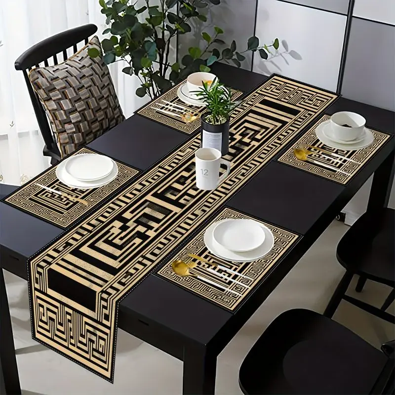 VIKAMA New Chinese Light Luxury Geometric Table Flag Meal Mat Set Waterproof and Anti slip Kitchen Dining Table Mat Home Decor