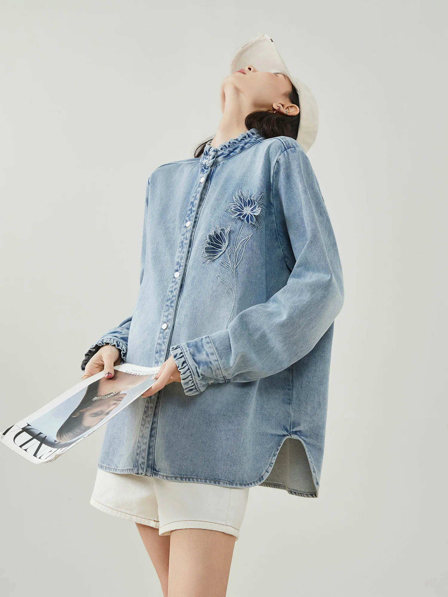 

Blue Embroidered Daisy Loose Fit Denim irt Women's Spring New Sle Commute Simple Sle High Quali Versatile Jaet