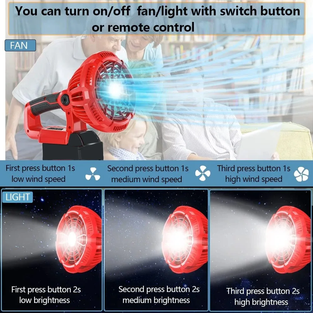 

LED Work Fan For Milwaukee 18V Li-ion Battery With Light / Remote Control Portable Multifunction Fans Cordless Outdoor Camping