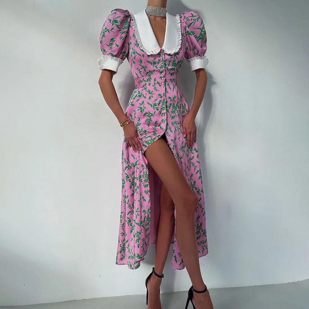 

Sexy Slim Print Summer Dress Casual Doll Collar Short Sleeve Midi Dress Elegant Single Breasted Slit Party Dresses Women