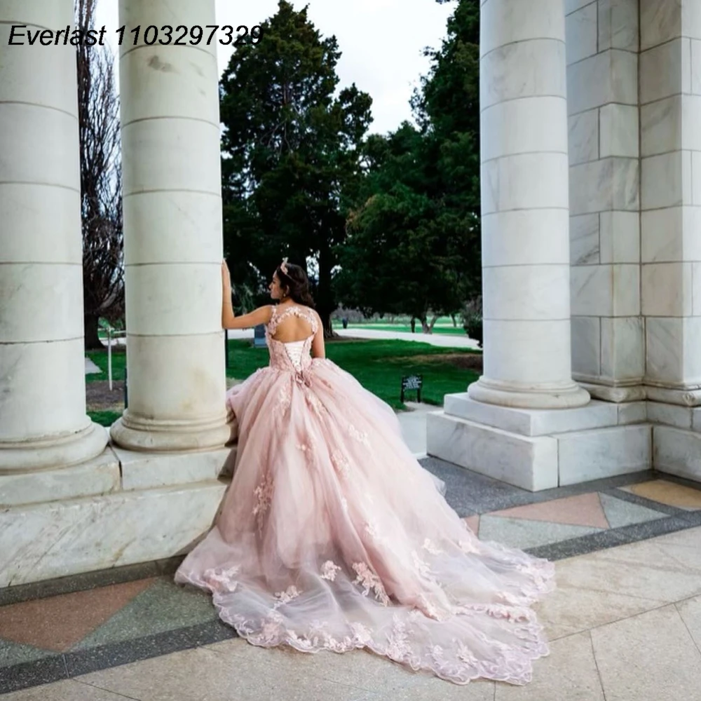 EVLAST-Vestido De quinceañera brillante, corsé con cuentas y hombros descubiertos, color rosa rubor, 15 años, TQD952